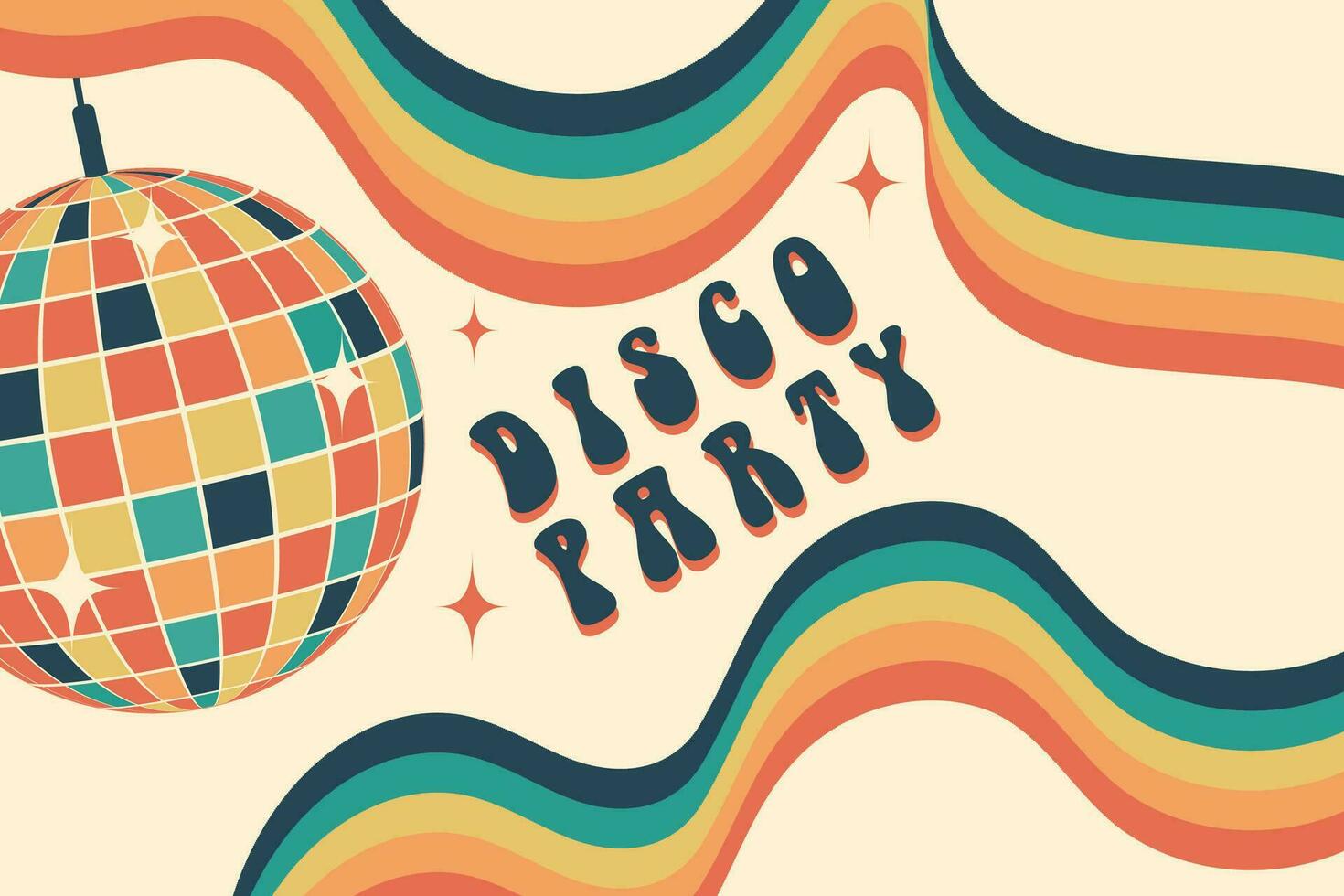 disco pelota. disco fiesta. maravilloso modelo para tarjeta postal, póster, bandera. aparato de relojería elementos en retro hippie estilo de años 70 vector