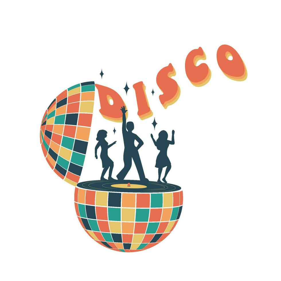 Disco ball and disco. Groovy. Clockwork dancing. Clockwork elements in retro hippie style of the 70s. vector