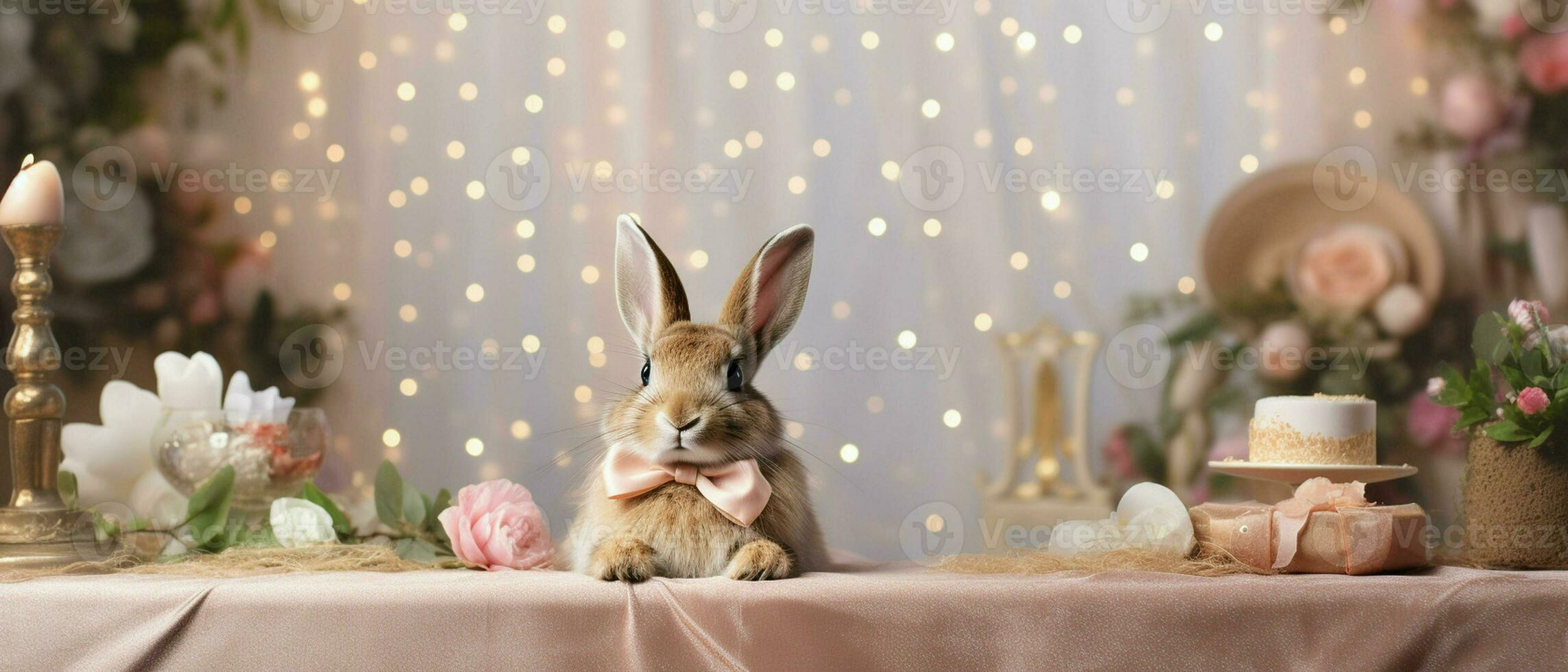 AI generated a rabbit wearing a bow tie sits on a table with flowers photo