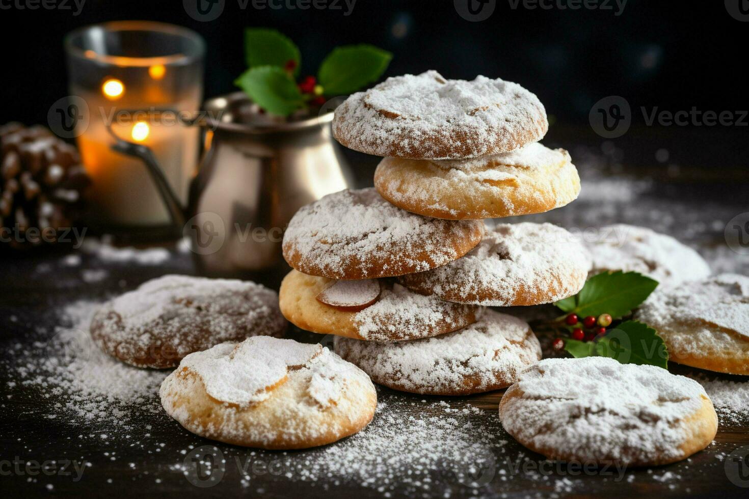 AI generated christmas cookies with powdered sugar on a wooden table photo