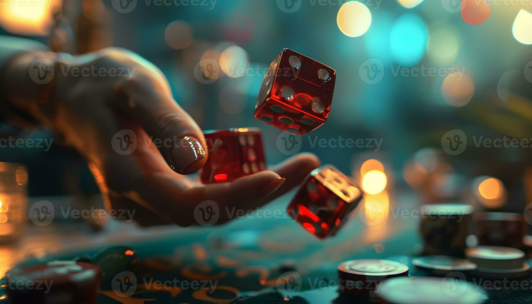 AI generated hand throws dice in casino background photo