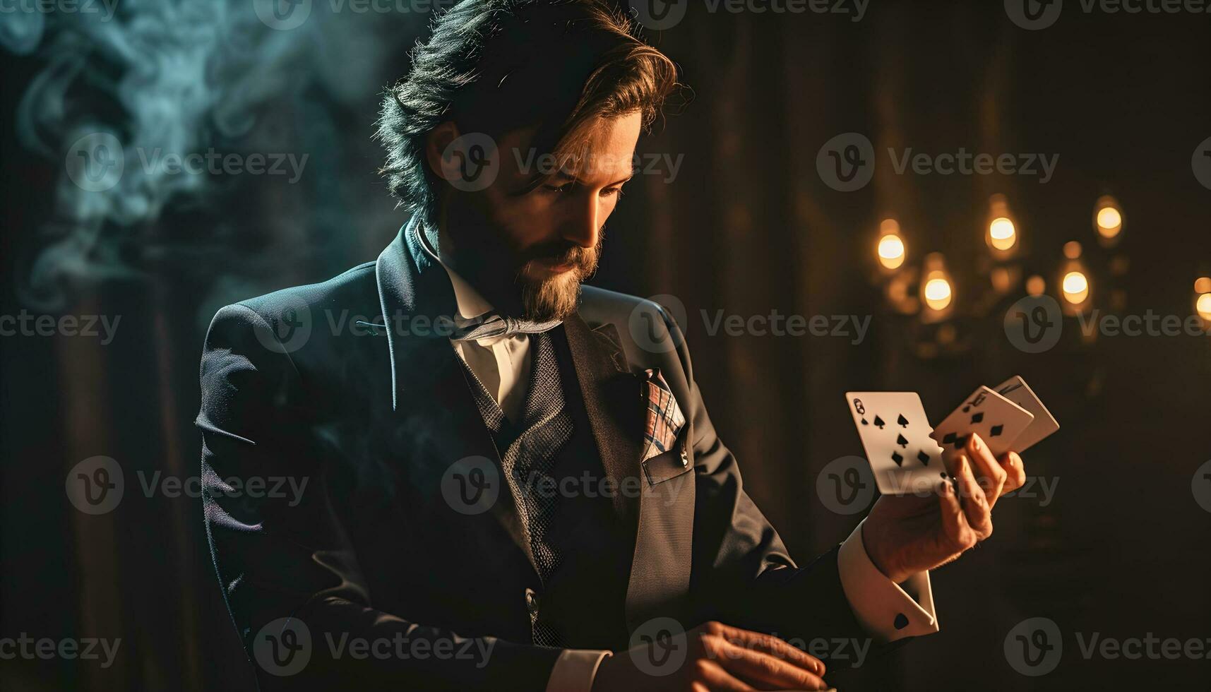 AI generated male magician in suit with playing cards in hand performing on stage photo