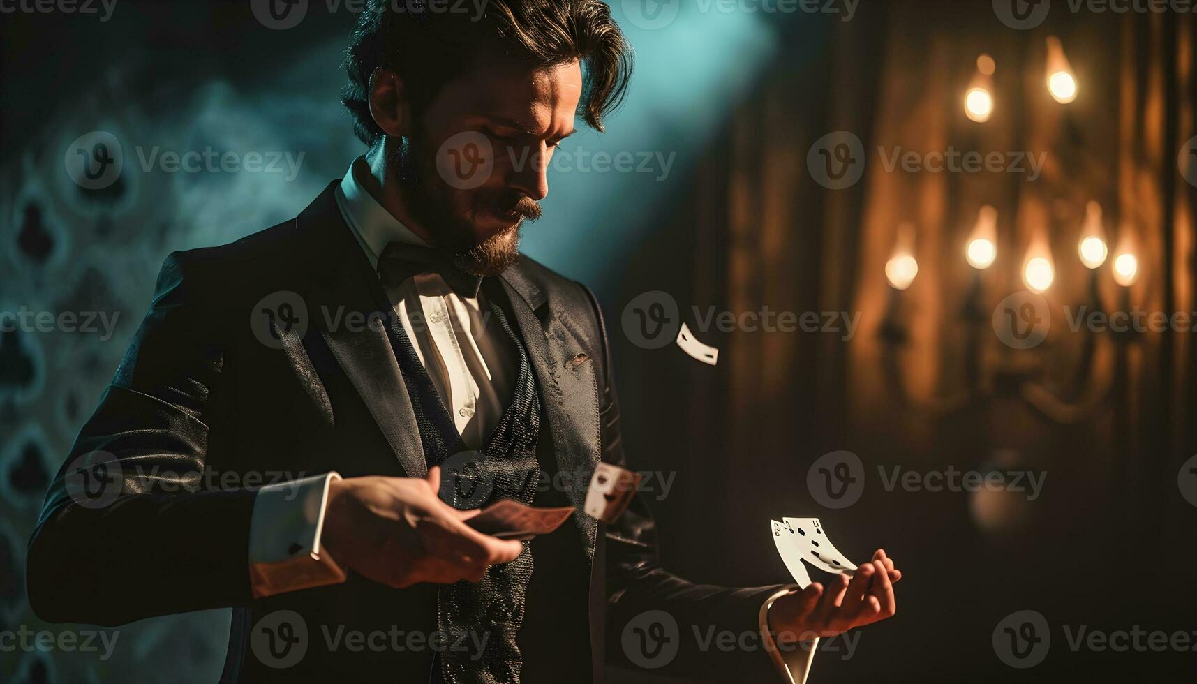 AI generated male magician in suit with playing cards in hand performing on stage photo