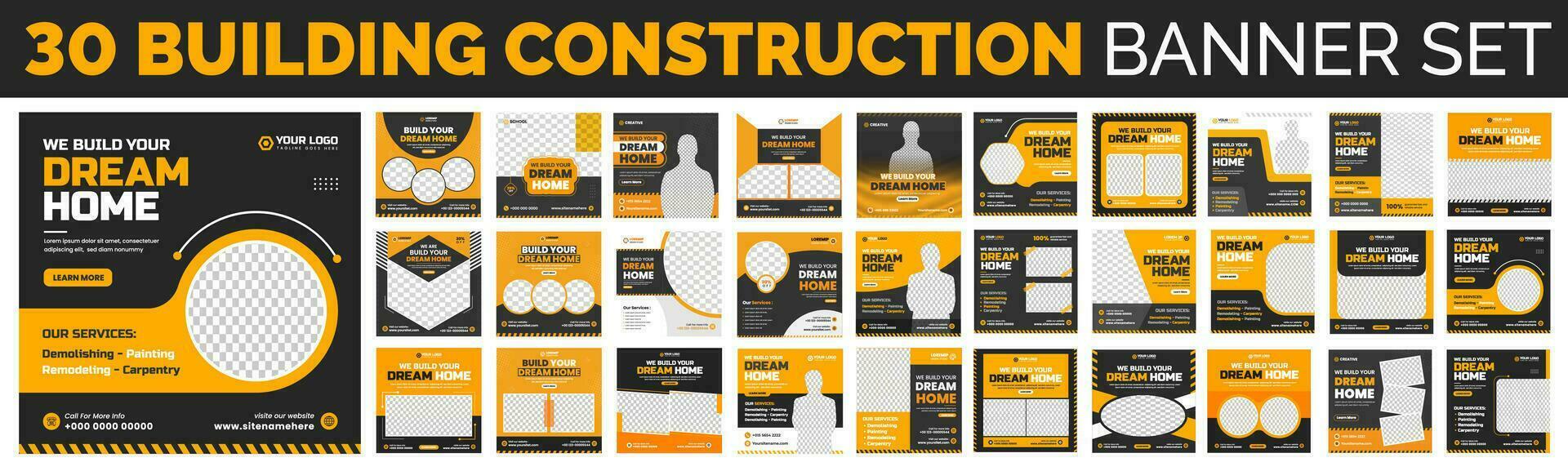 set of 30 big mega collection bundle building Construction, home improvement, home repair social media post banner design Template with yellow color, Corporate construction tools banner design. vector