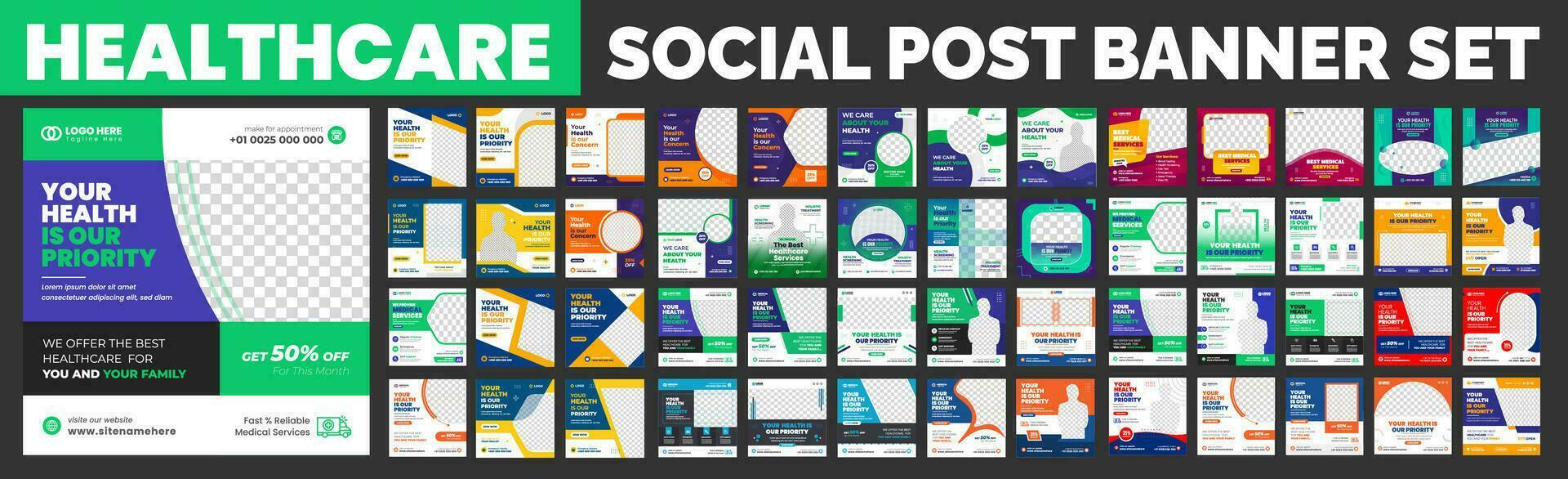 set of big mega collection bundle Medical healthcare Social Media Post banner Template, Medical Healthcare Social Media Banner Template set, doctor medical healthcare social media post bundle. vector