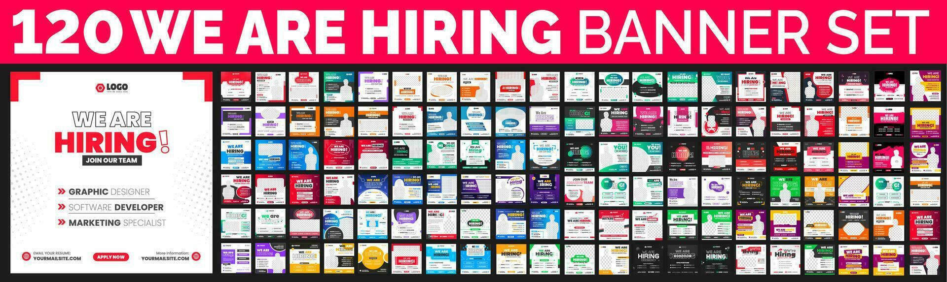 120 big mega bundle of We are hiring job vacancy social media post banner design set template. We are hiring job vacancy square web banner design bundle. Hiring banner set. Hiring Banner bundle. vector