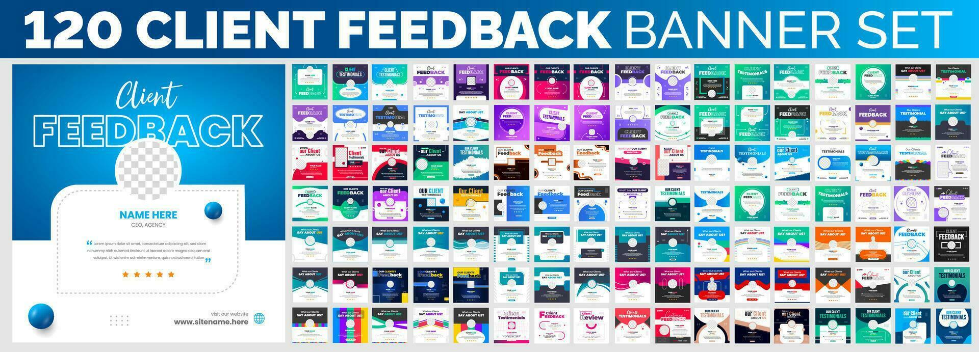 120 mega big bundle of client feedback social media post banner set. Customer feedback testimonial or client testimonials social media post web banner template mega big bundle. vector