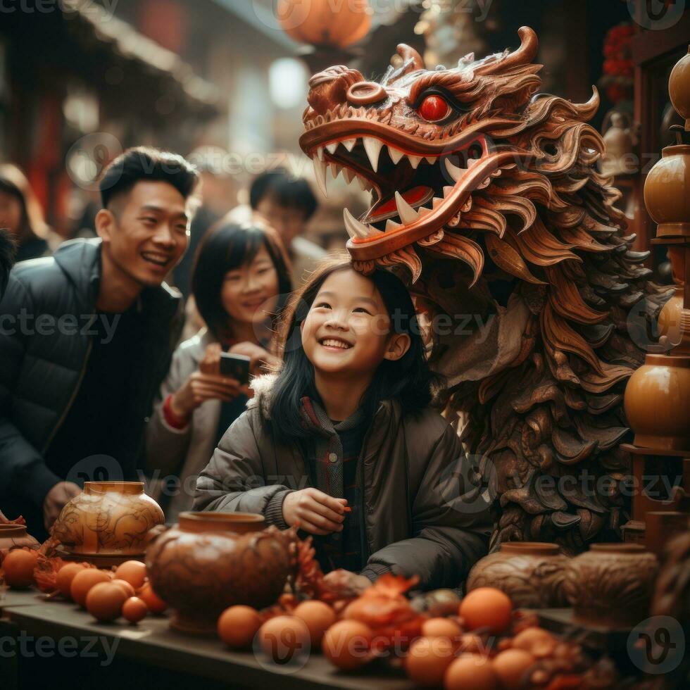 AI generated a man poses with a lion in a chinese new year parade photo