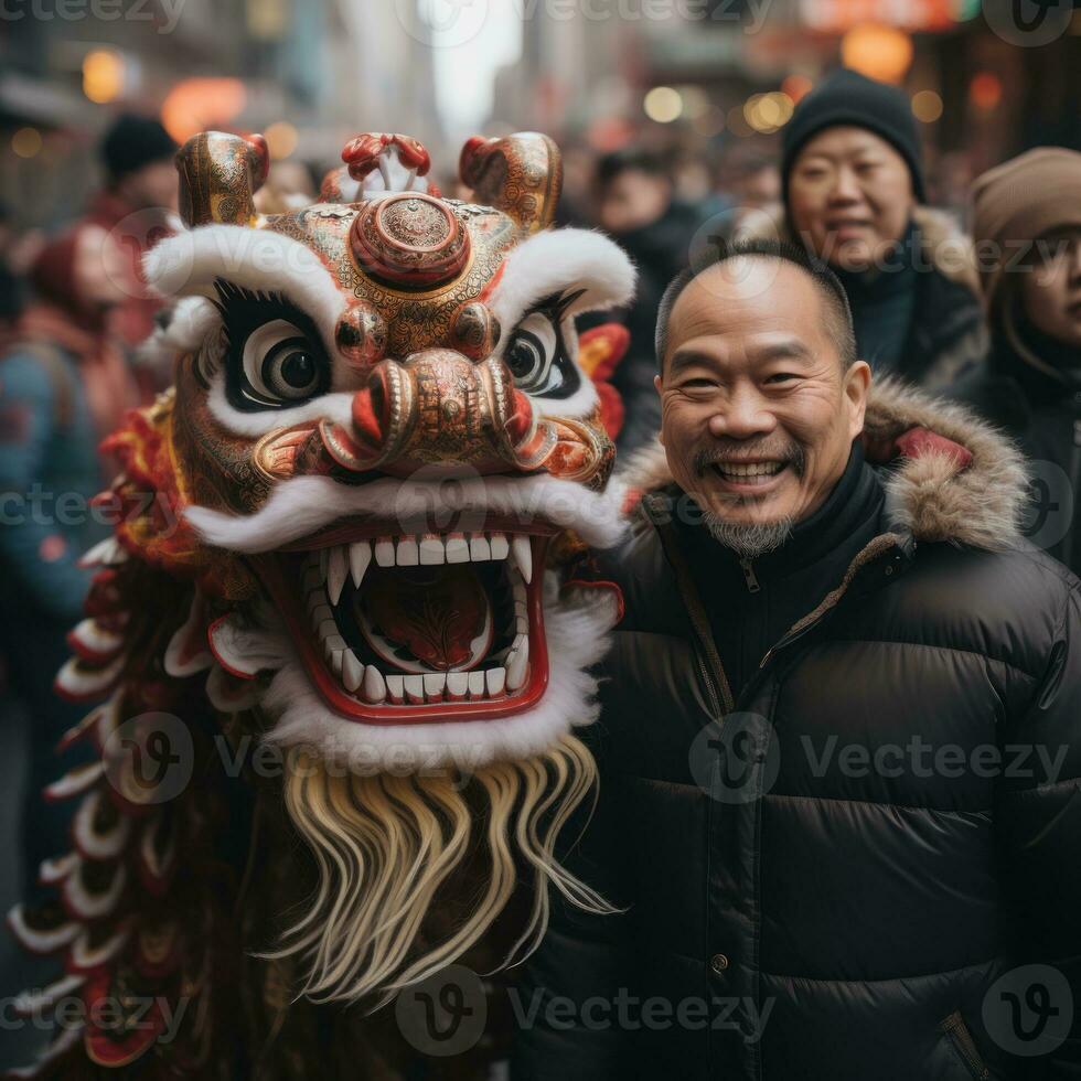 AI generated a man poses with a lion in a chinese new year parade photo