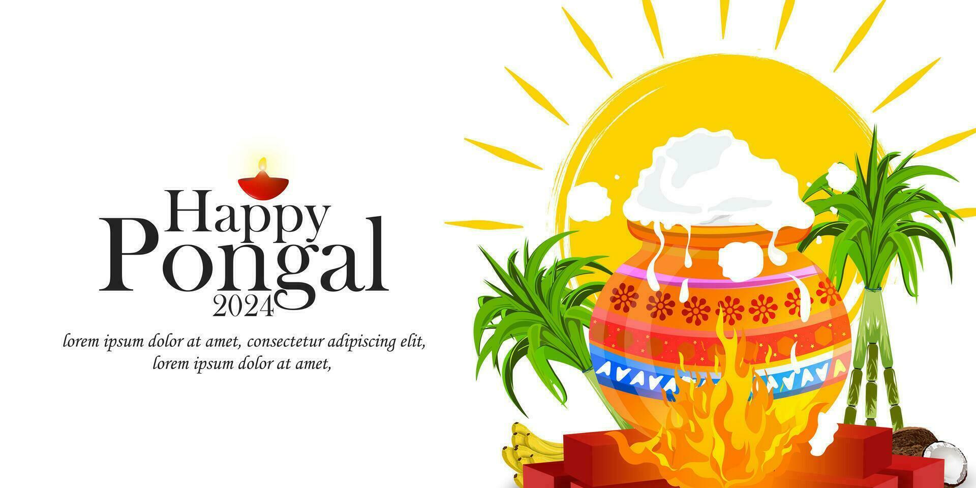 Happy Pongal banner design template with traditional indian food. Vector illustration.