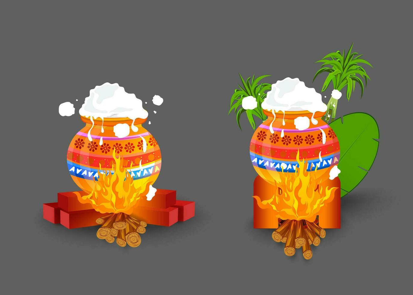 Vector illustration of Happy pongal festival of India background with fire and pot. pongal set.