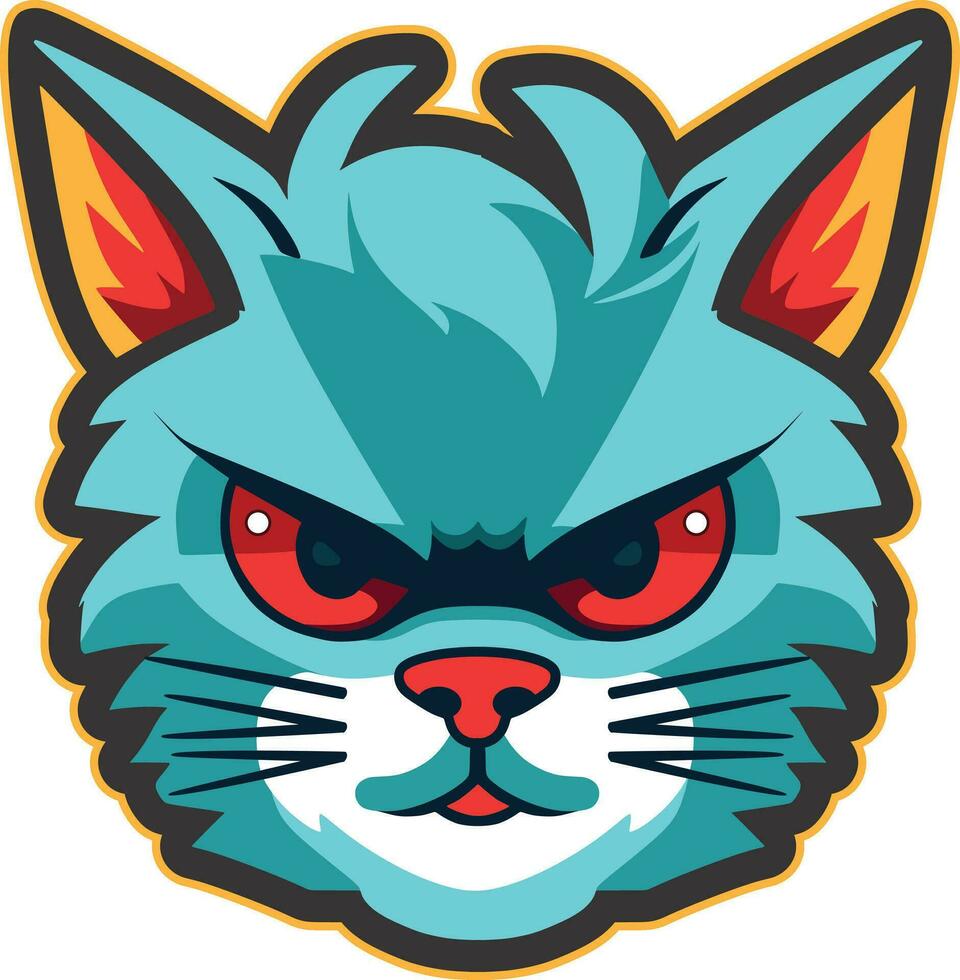 illustration of an angry cat in blue orange, on a white background, suitable for logos, web, etc. vector