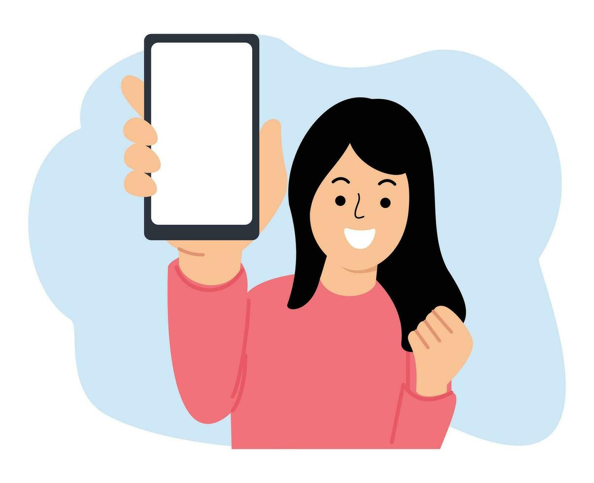 woman excited holding smartphone with blank screen vector