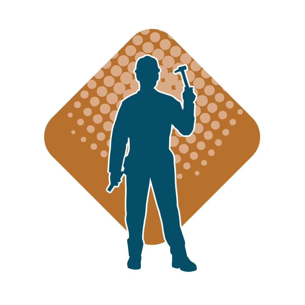 Silhouette of a worker carrying hammer tool. Silhouette of a worker in action pose using hammer tool. vector