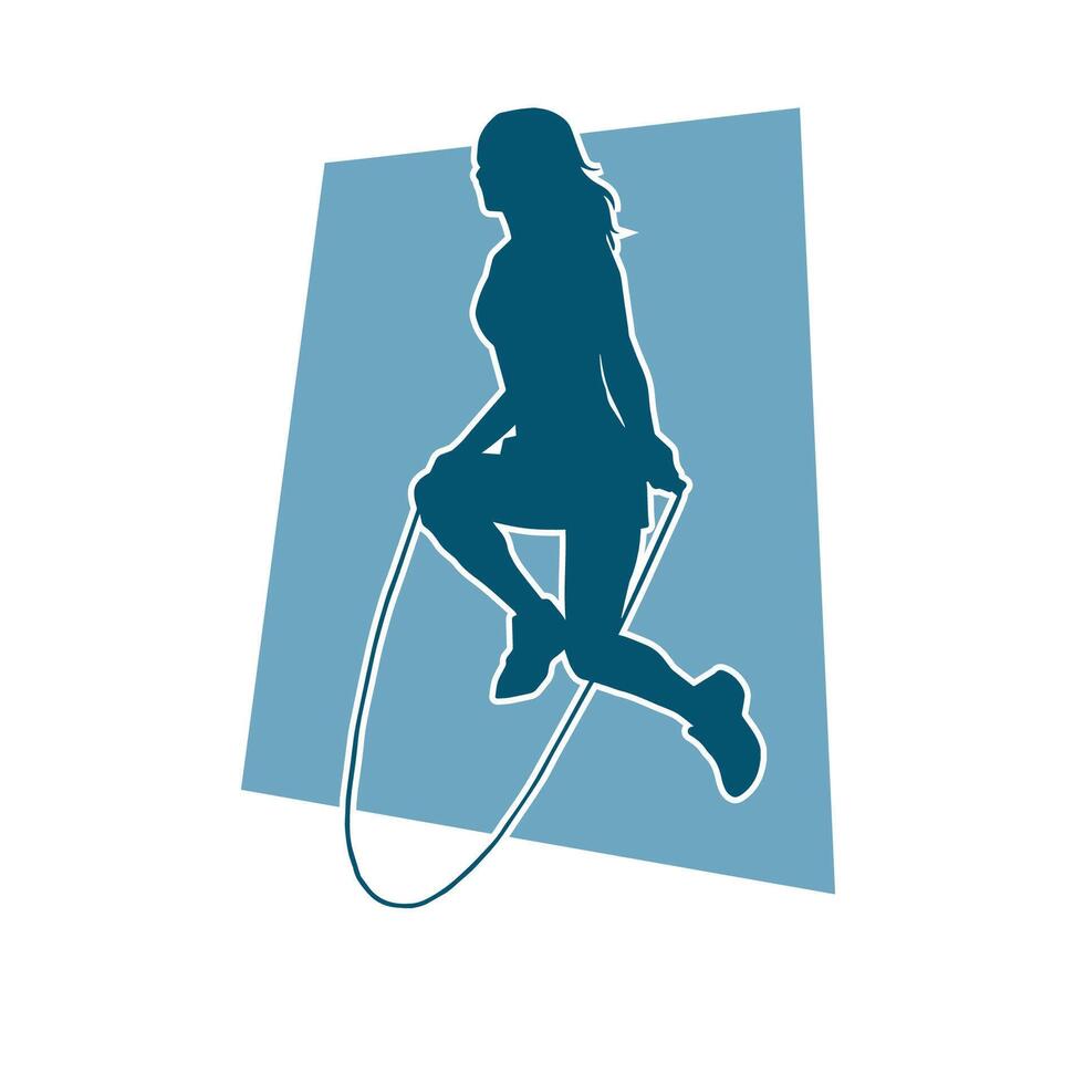 Silhouette of a slim sporty woman doing jump rope workout. vector