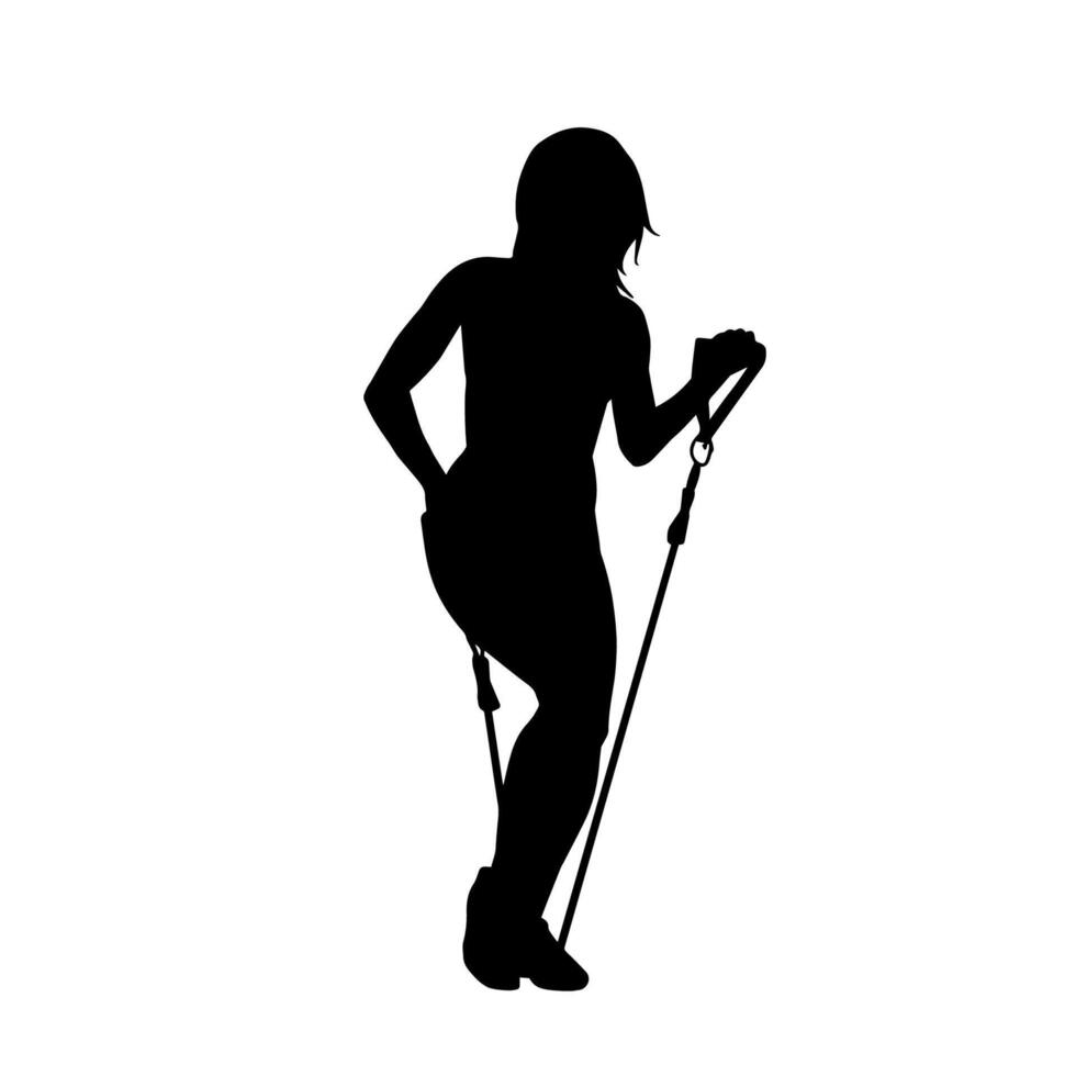 Silhouette of a sporty woman at gym workout using pull rope. Fitness exercise cords pull rope stretch resistance training. vector