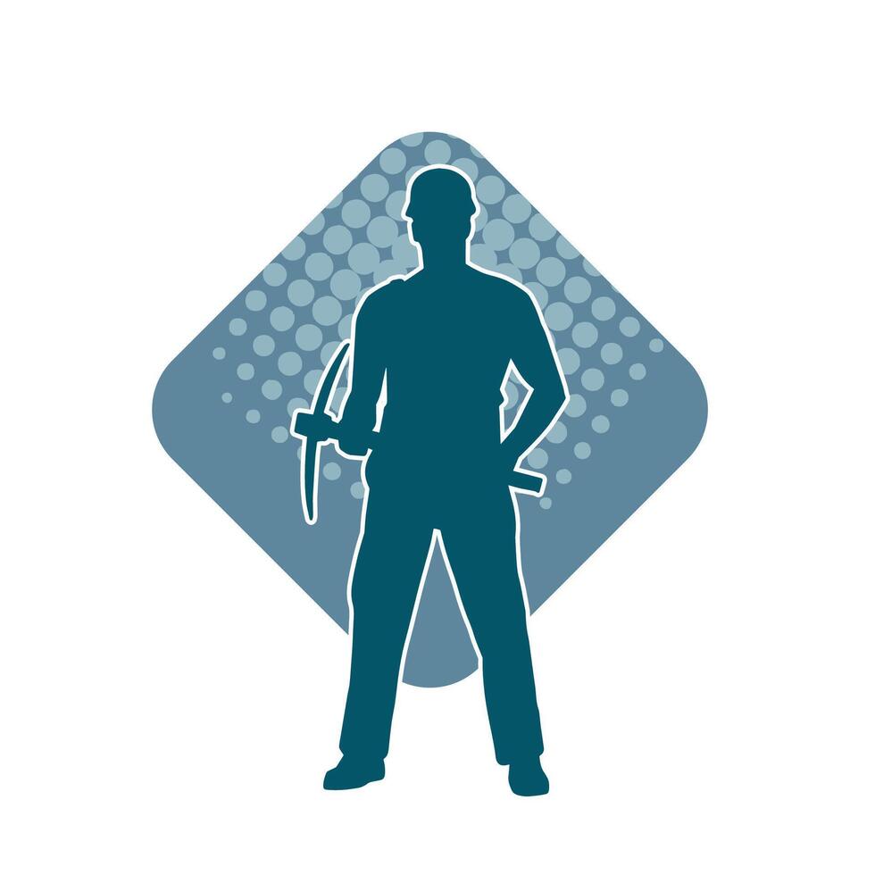 Silhouette of a man in worker costume carrying pick axe tool in action pose. vector