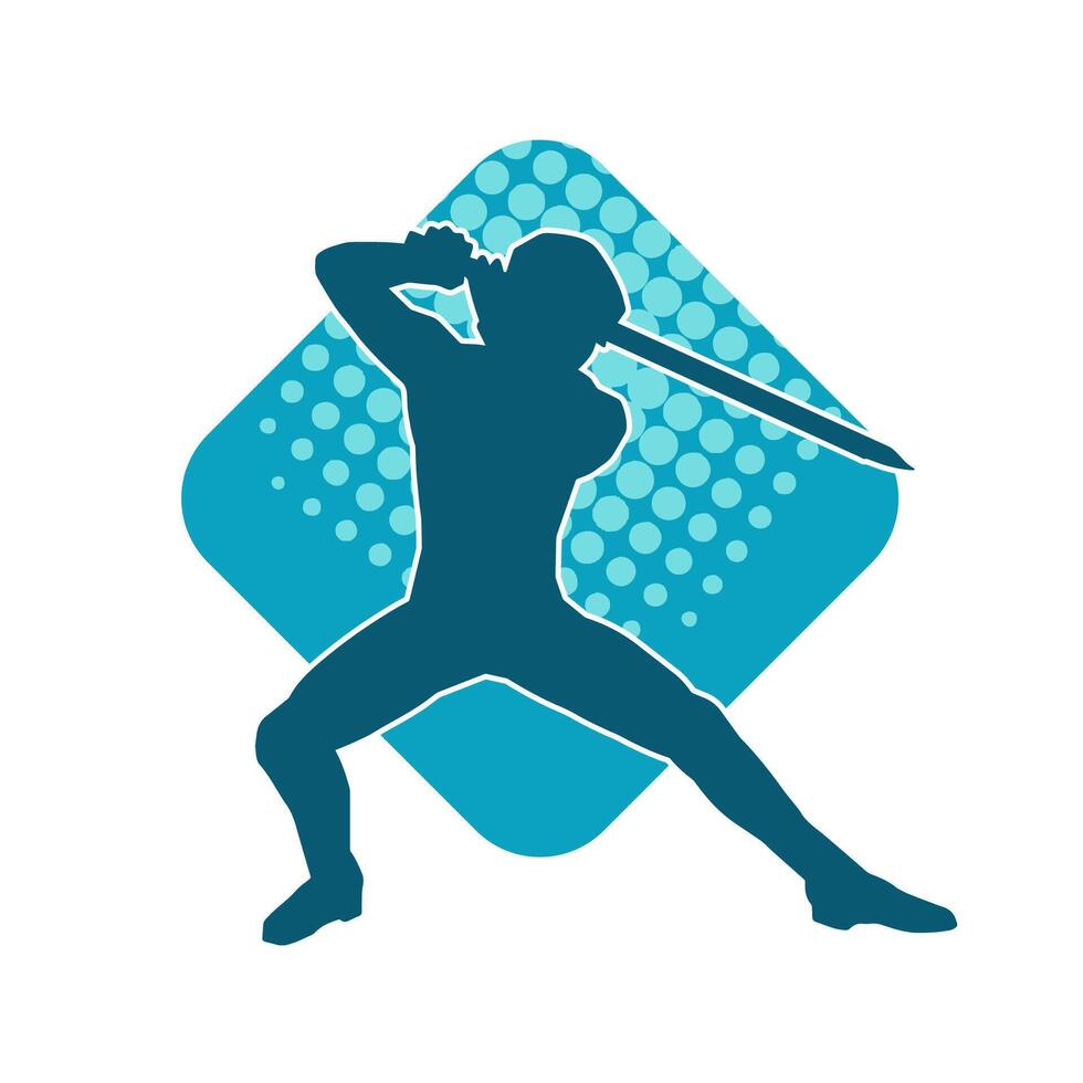 Silhouette of a kungfu or wushu martial art athlete in action pose. Silhouette of a male martial art person in pose with swords weapon. vector