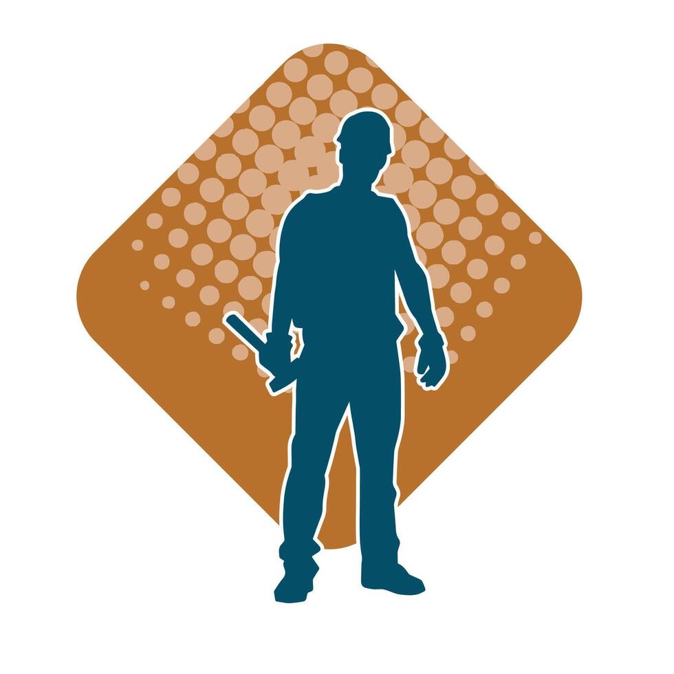 Silhouette of a worker carrying hammer tool. Silhouette of a worker in action pose using hammer tool. vector