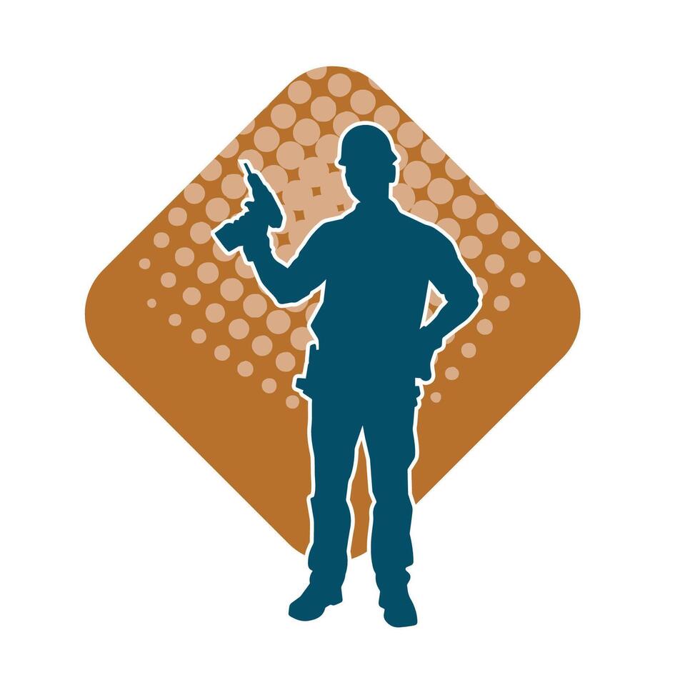 Silhouette of man in construction worker costume carrying drill power tool. Silhouette of construction worker male in action pose with power tool driller. vector