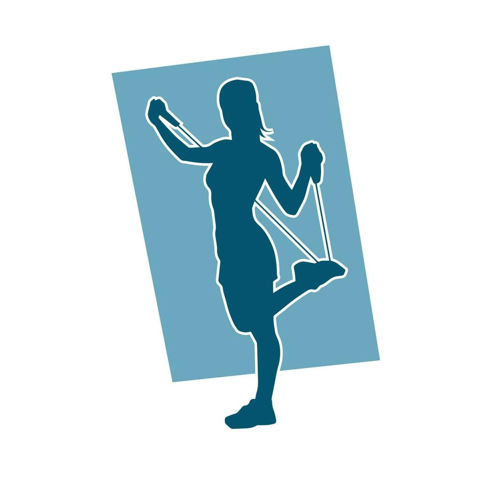 silueta de un deportivo mujer a gimnasio rutina de ejercicio utilizando Halar cuerda. aptitud ejercicio cordones Halar cuerda tramo resistencia capacitación. vector