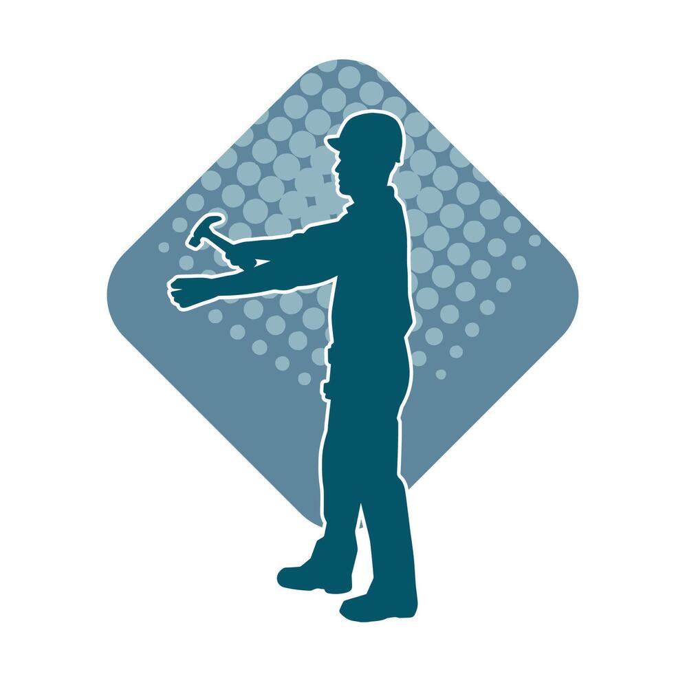 Silhouette of a worker carrying hammer tool. Silhouette of a worker in action pose using hammer tool. vector