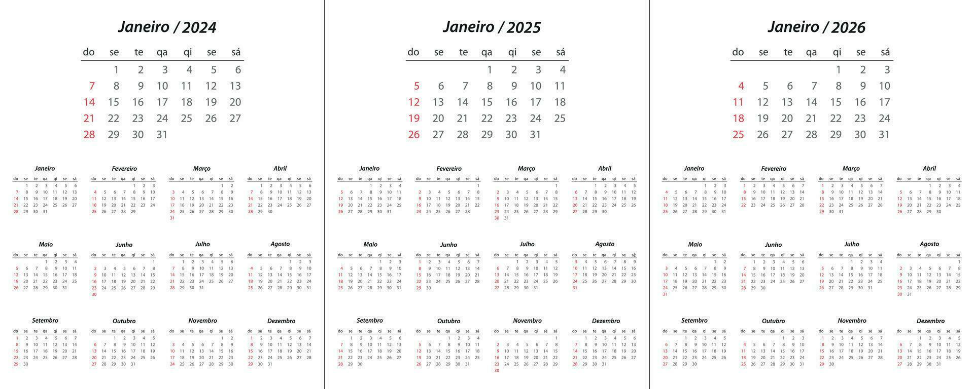 calendario 2024, calendario 2025, calendario 2026 en portugués idioma semana comienzo domingo vector