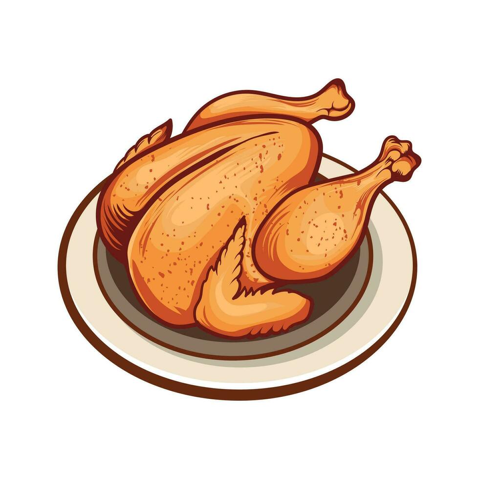 Whole fried chicken vector illustration on a plate