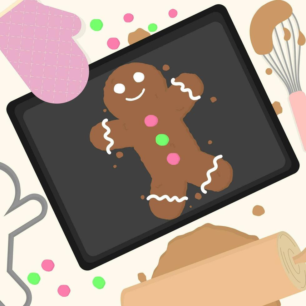 Vector illustration of baking ginger bread with various kitchen tools