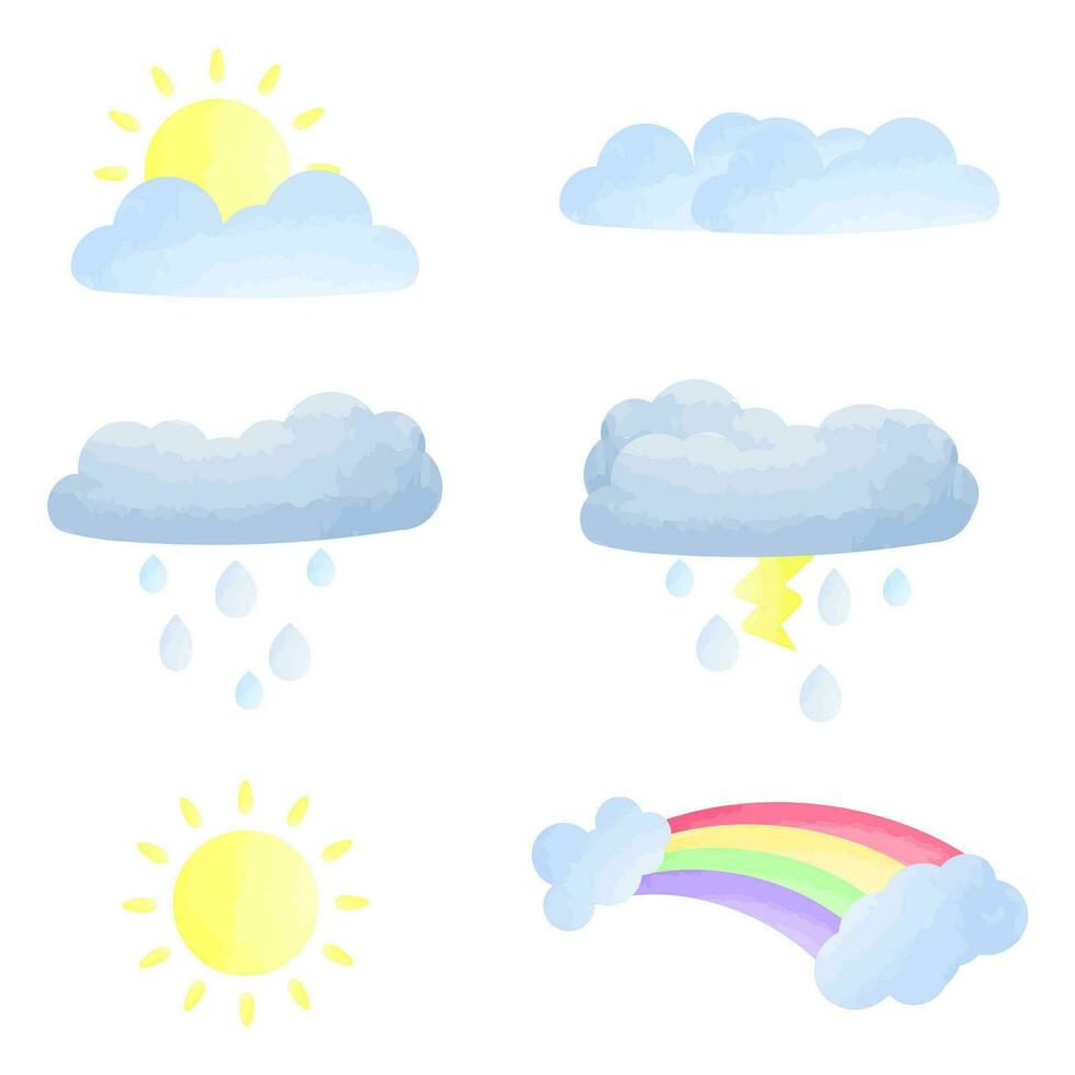 Vector illustration of weather or climate icon elements with watercolor technique. Perfect use for kids' book illustration