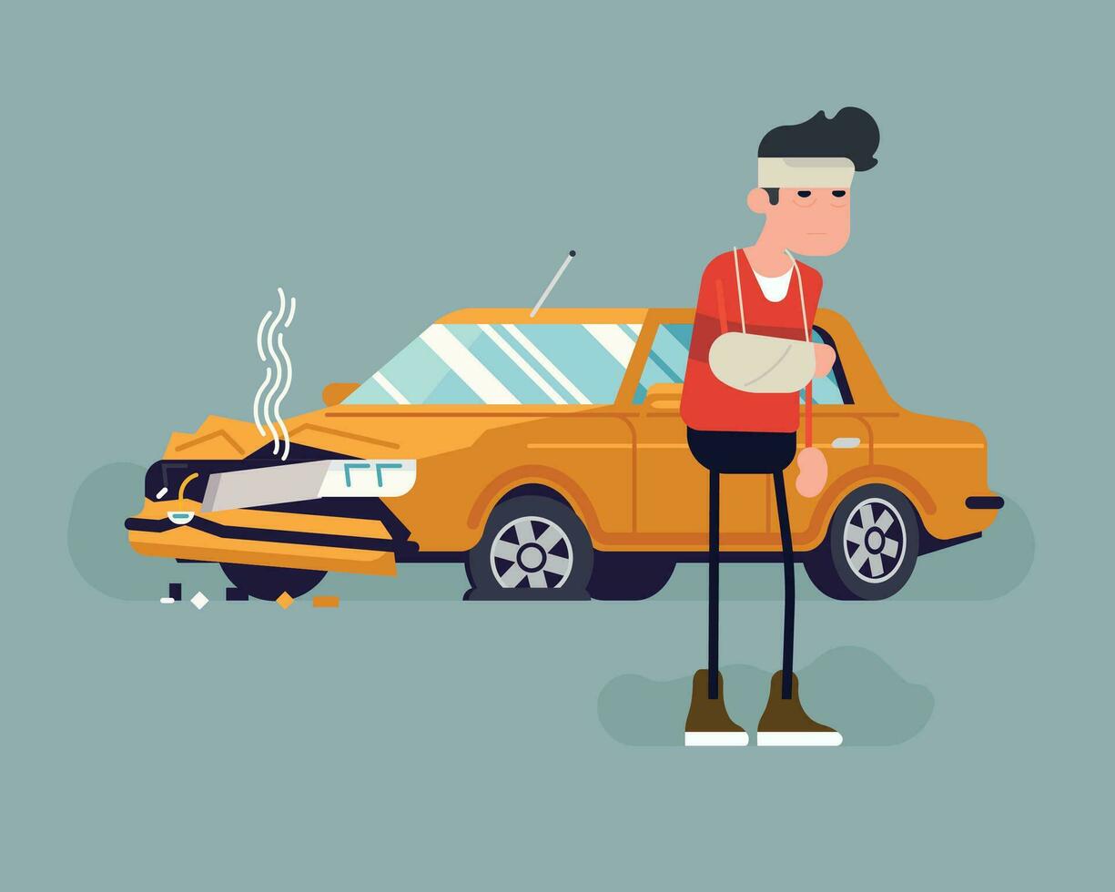 Injured car accident driver standing in front of his wrecked car Illustration vector