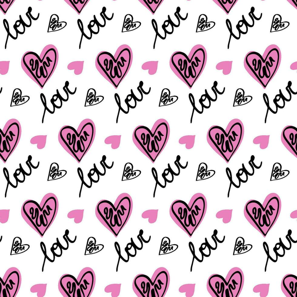 Stylish graphic seamless pattern with pink hearts and word love. Background vector