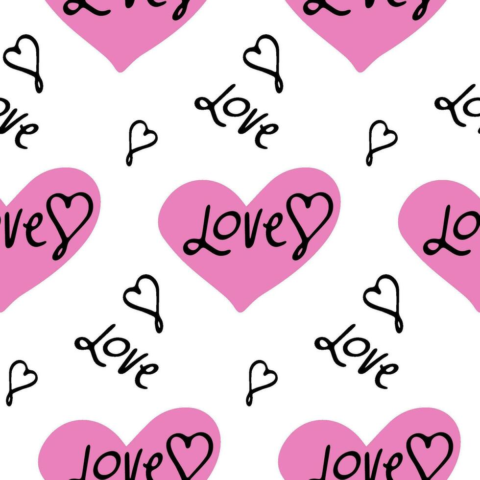 Stylish graphic seamless pattern with pink hearts and word love. Background vector