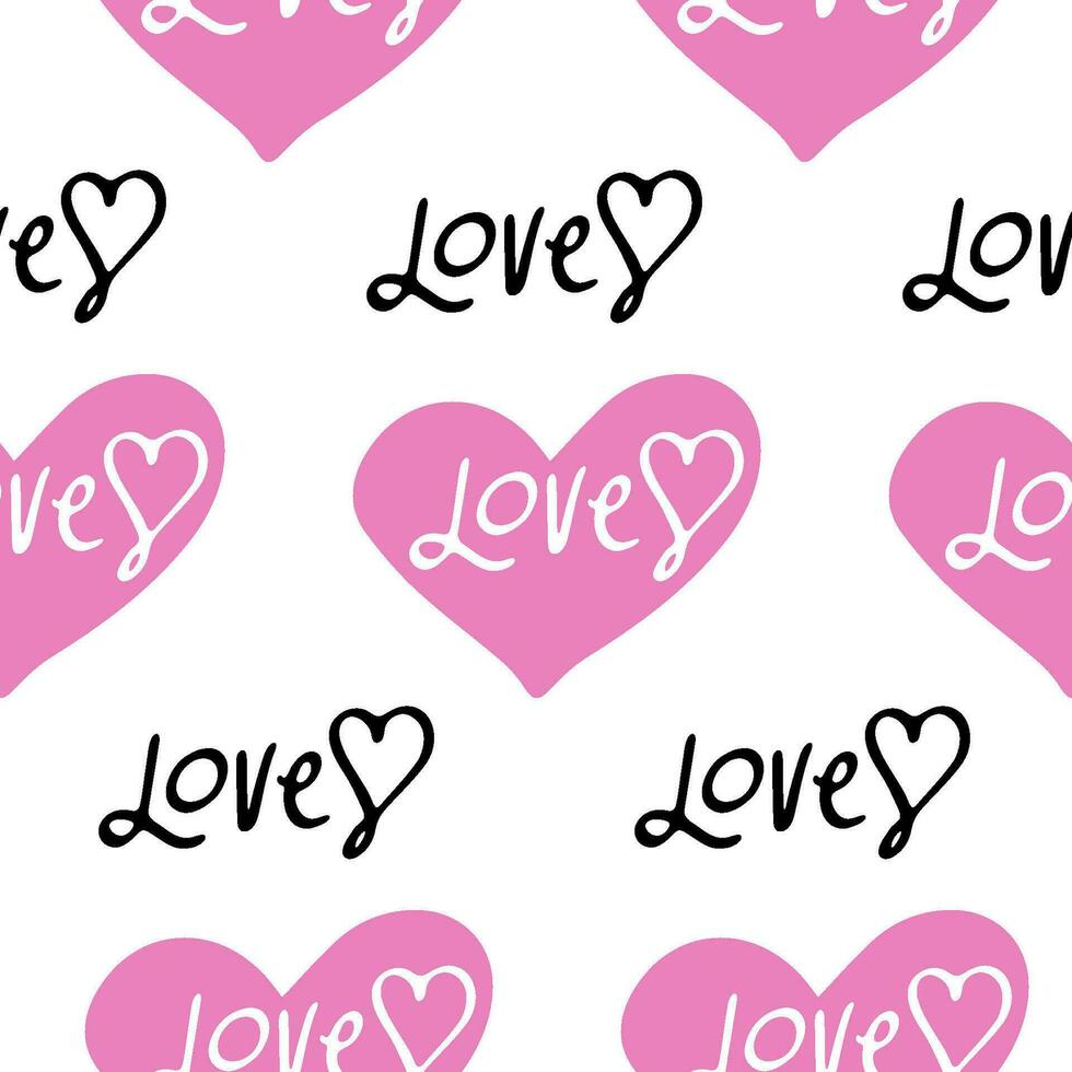 Stylish graphic seamless pattern with pink hearts and word love vector