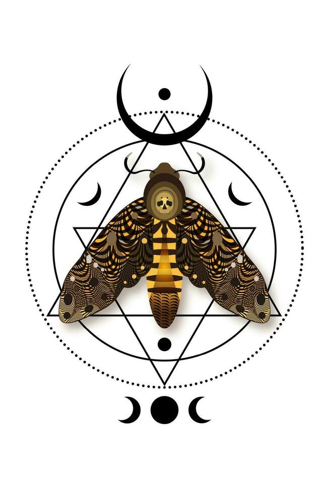 Mystical death head moth in dark brown colors. Cresent moon and wiccan triple goddess, butterfly with a skull. Sacred geometry. Alchemy, magic, esoteric, occult sign isolated on white background vector