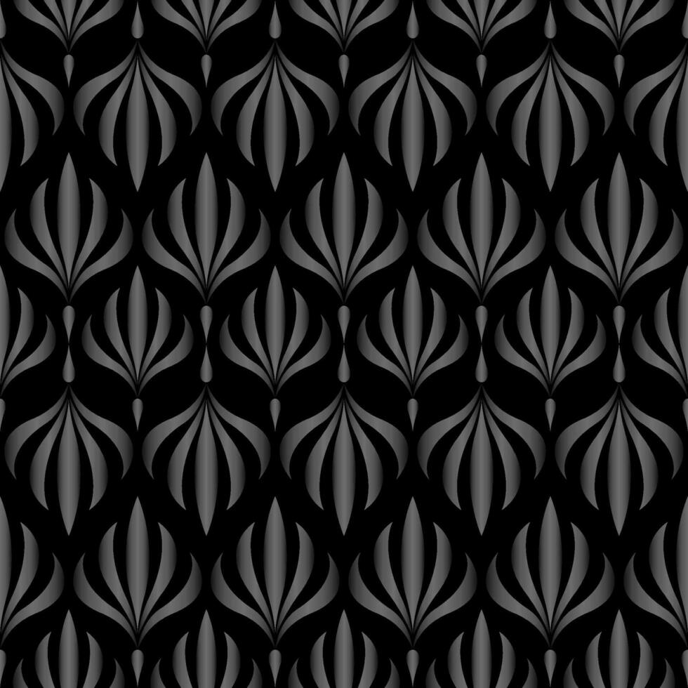 Floral seamless pattern. Retro stylish geometric texture with black metallic Art Nouveau tiles. Vector geometric decorative leaves texture isolated on black background abstract art deco style