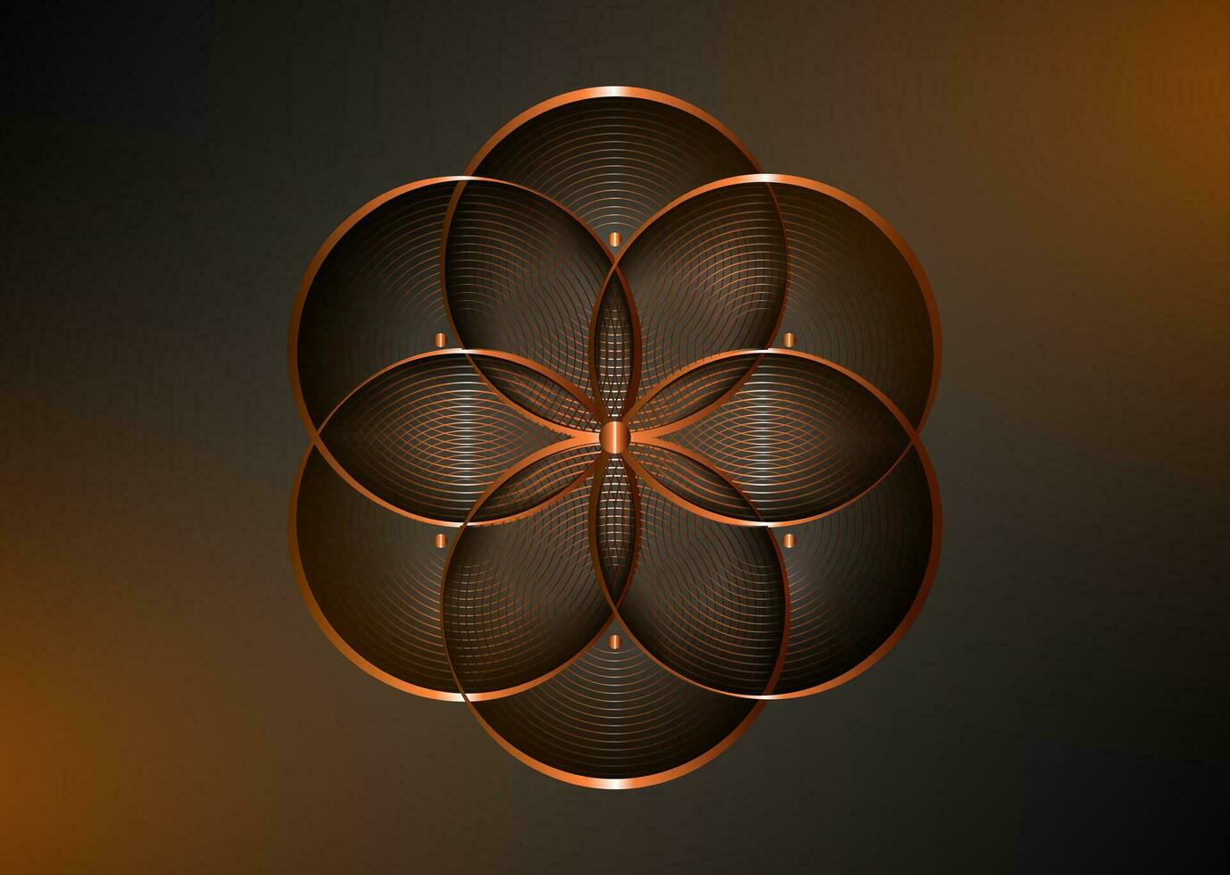 Esoteric Flower of Life in bronze colored, logo design. Seed of life symbol of Sacred Geometry. Geometric mystic mandala of alchemy divine meditative amulet, vector isolated on dark background