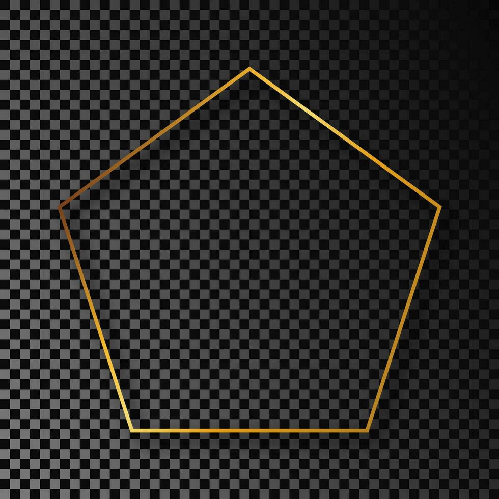 Gold glowing pentagon shape frame with shadow isolated on dark background. Shiny frame with glowing effects. Vector illustration.