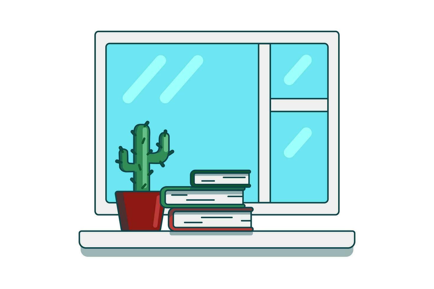A prickly cactus in a pot and a stack of books on the windowsill near the window. Flat style. vector
