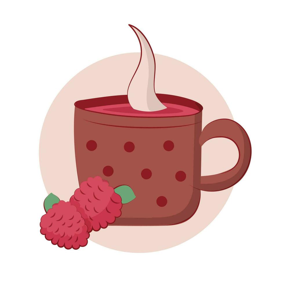 A cup of aroma drink with raspberries. A cup of hot tea in a polka dot pattern mug. Vector illustration