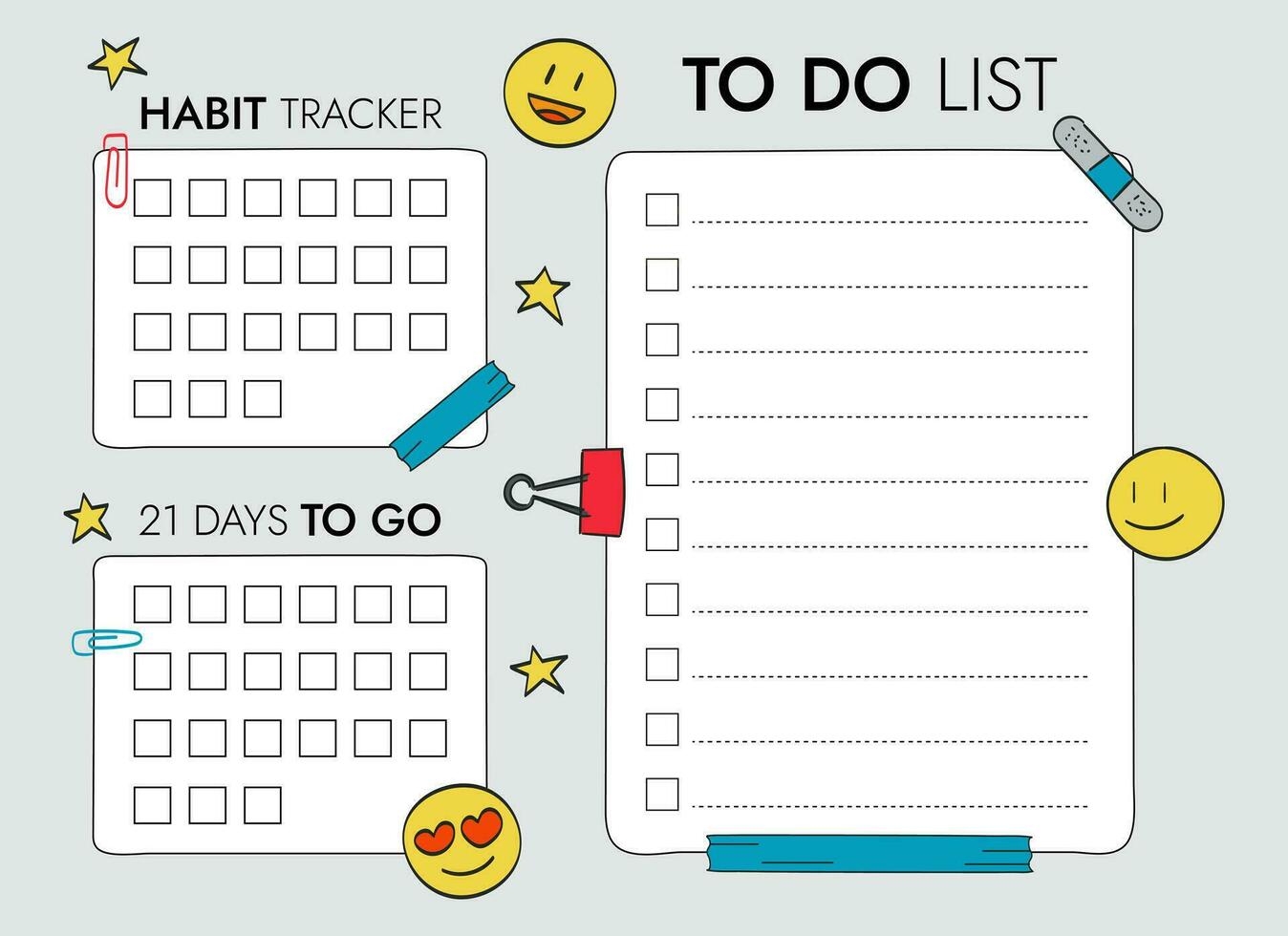 To do list for goals and habit trackers, 21 days, templates