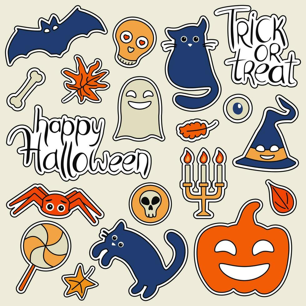 Cute Halloween items - sweets, black cat, pumpkin. Lettering. A set of stickers in the theme of the holiday. vector