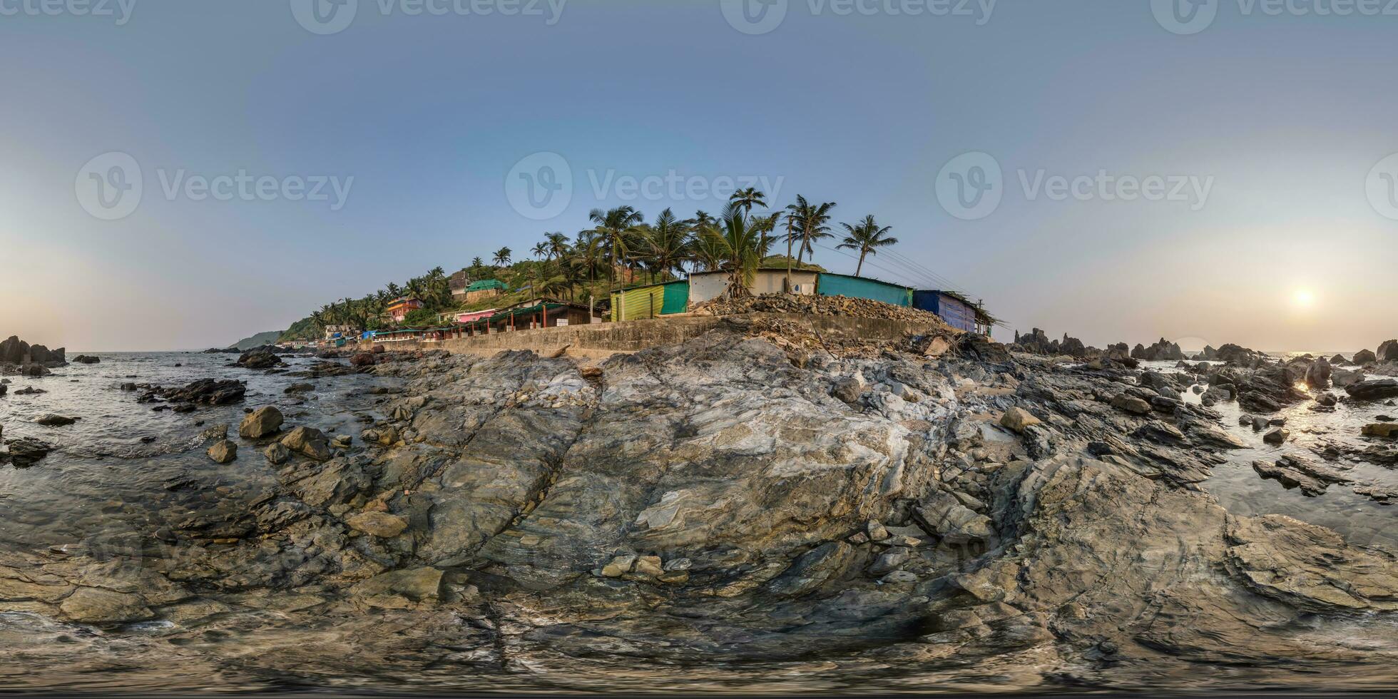 full hdri 360 panorama view on ocean on shore with rocks in equirectangular projection with zenith and nadir. VR AR content photo