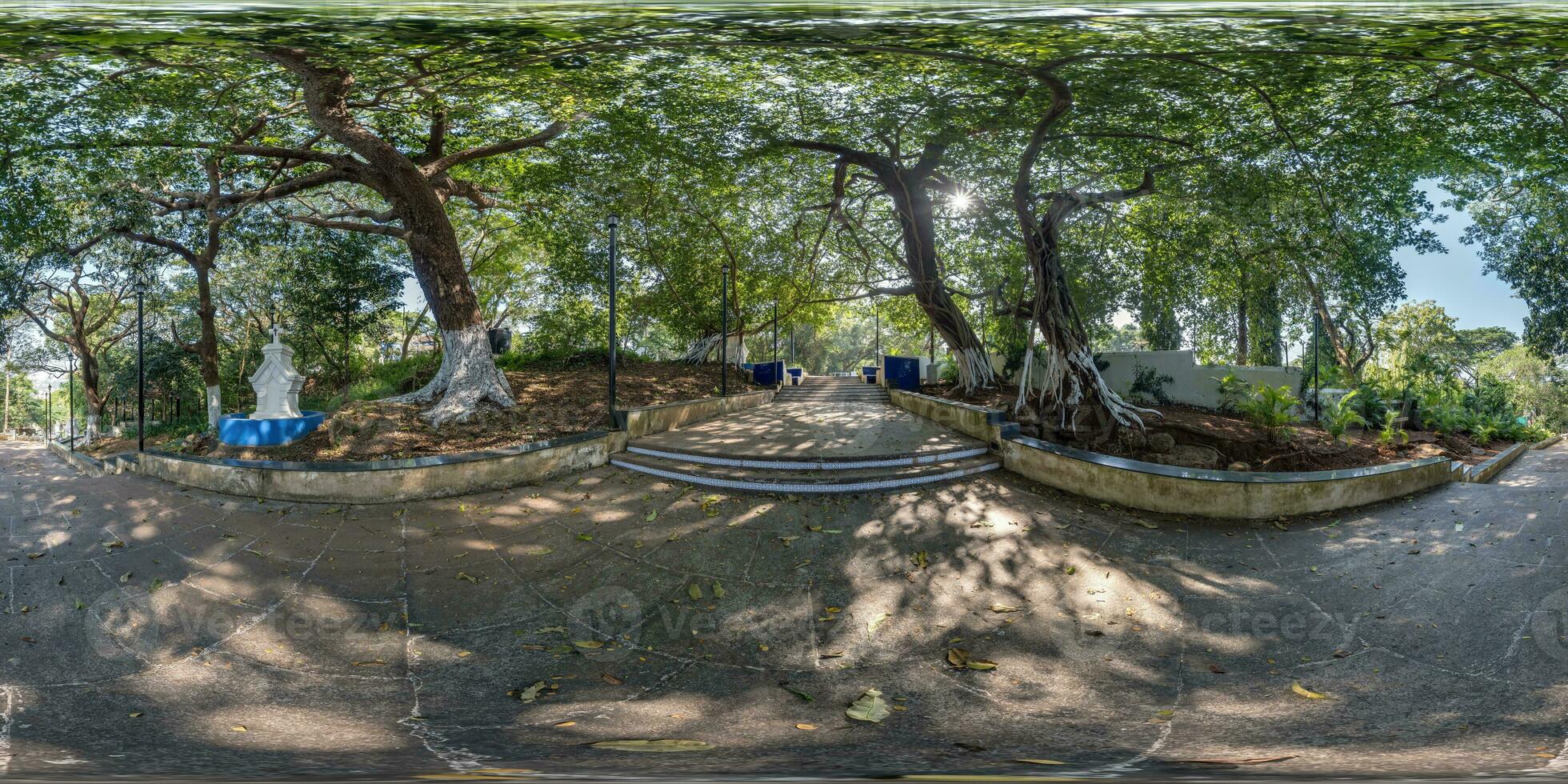 full seamless spherical 360 hdri panorama on old concrete staircase, remains of an ancient more developed civilization in jungles of India in equirectangular projection, for VR virtual reality content photo