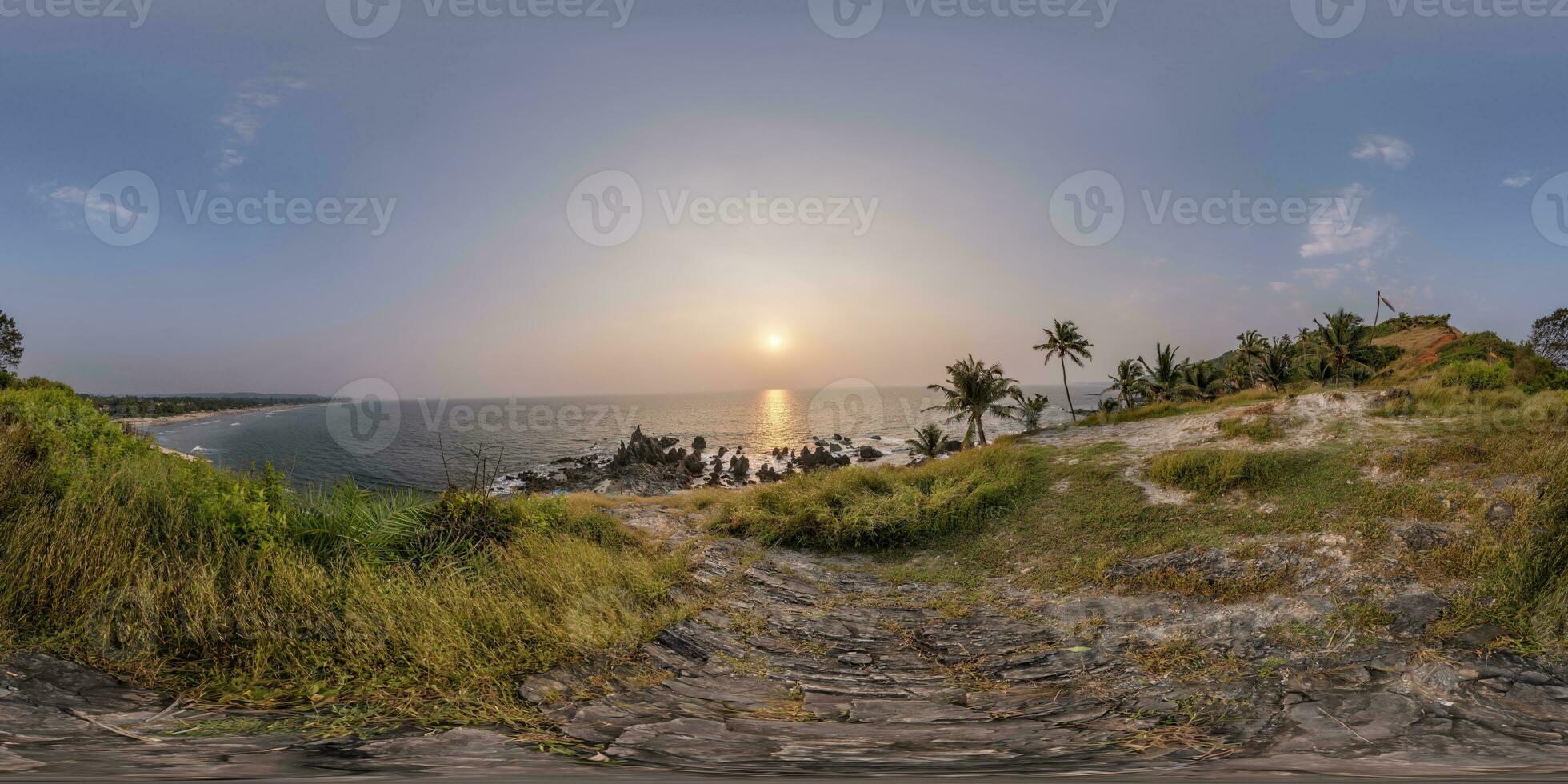 360 hdri panorama with coconut trees on ocean coast on mountain in equirectangular spherical seamless projection photo