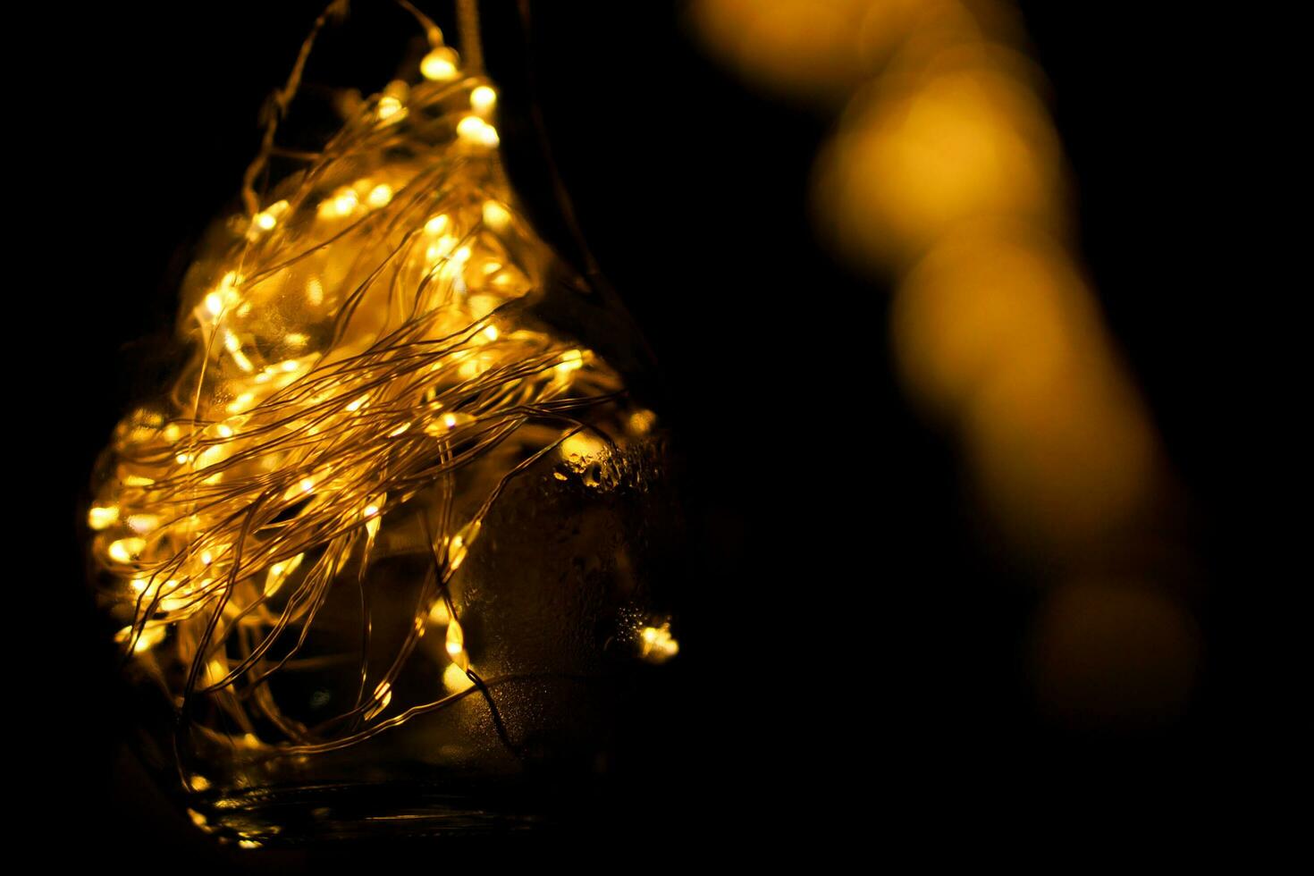 Closeup decorative LED light in vintage light bulb with switch on lights glowing in night time and blurry background. photo