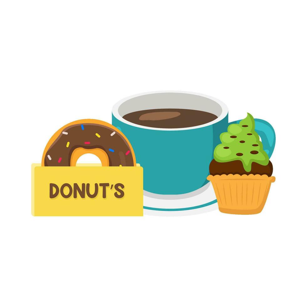 donuts in packaging, coffee drink with cupcake illustration vector