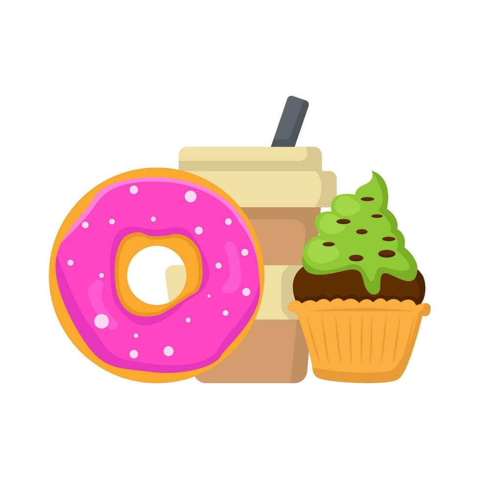 donut, cup drink with cupcake illustration vector