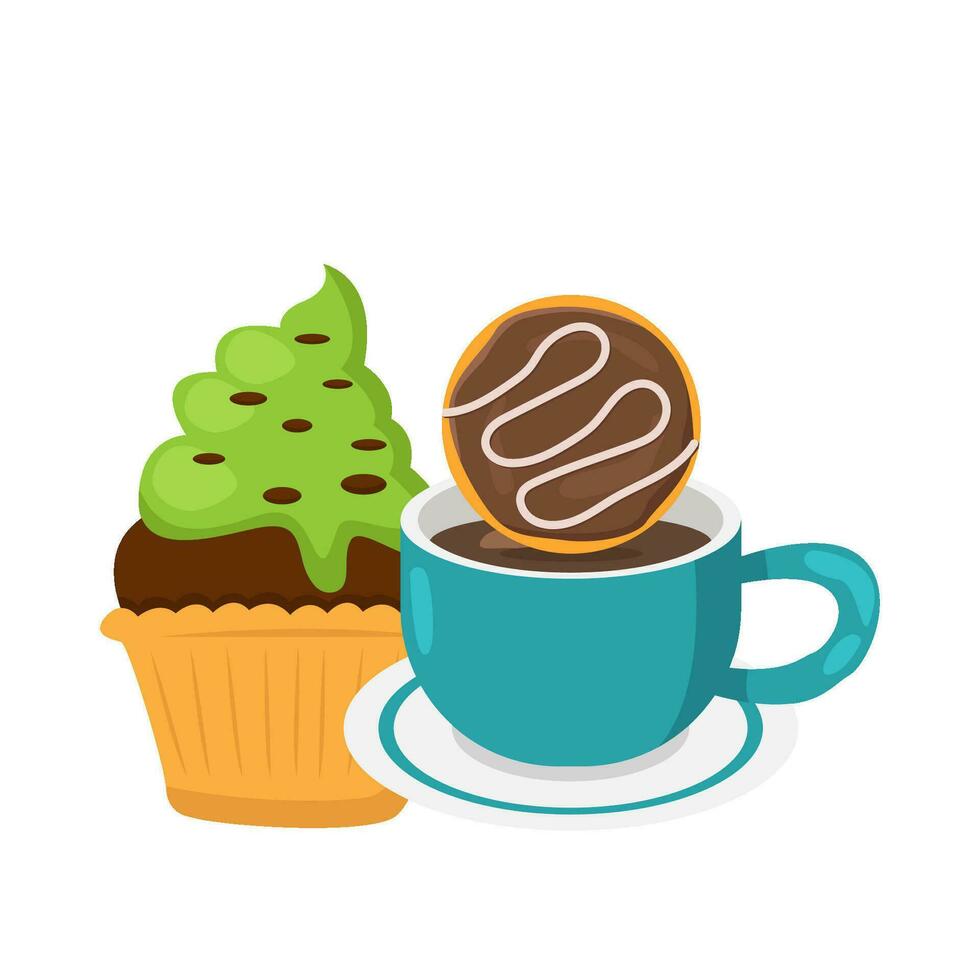 donut, coffee drinkwith cupcake illustration vector