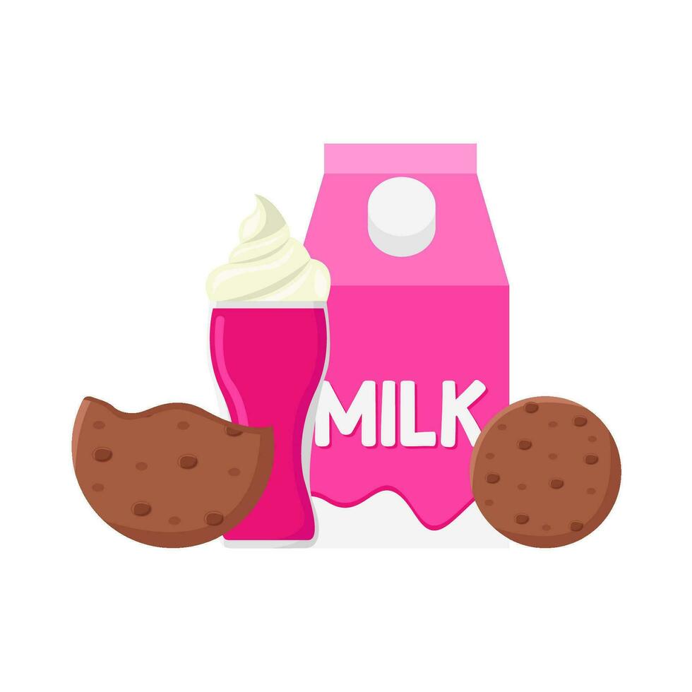 milkshake strawberry, box milk strawberry with cookies illustration vector